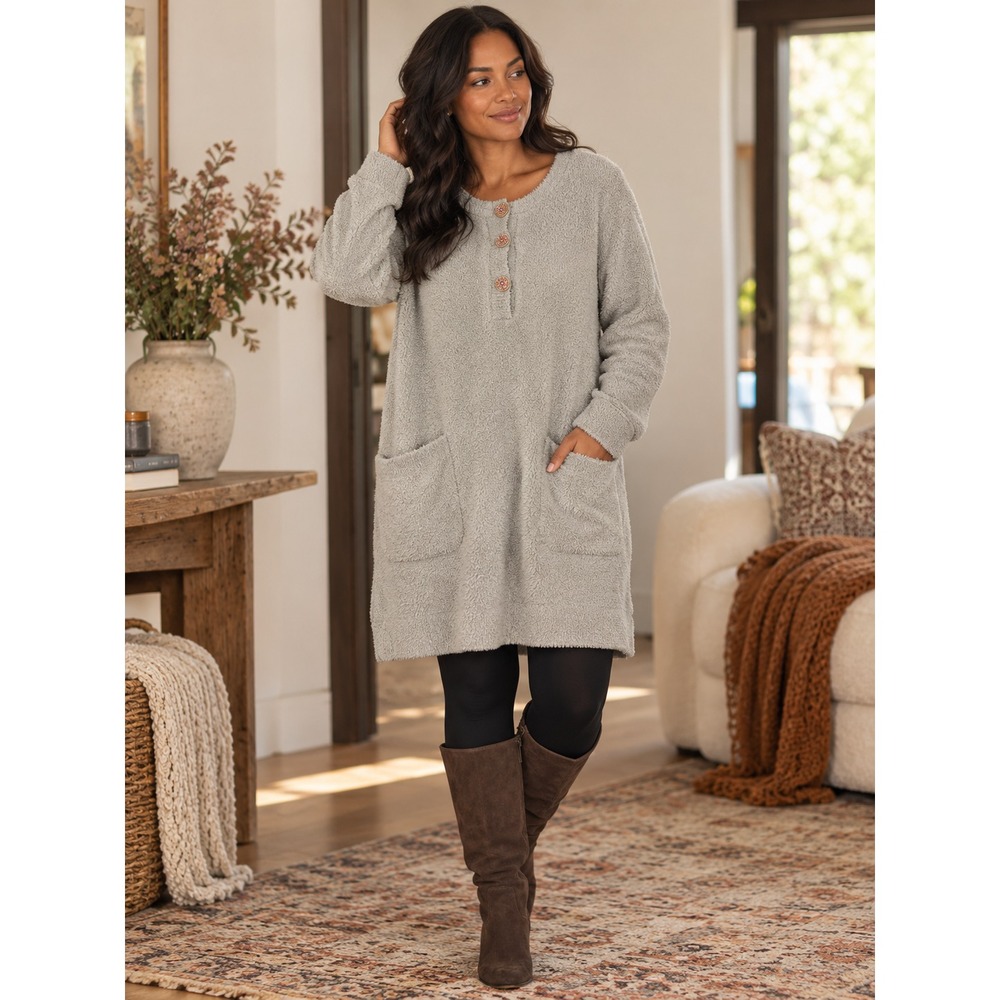 Natural Life Cozy Up Teddy Mini Sweater Dress Henley Pockets Beige Gray XL